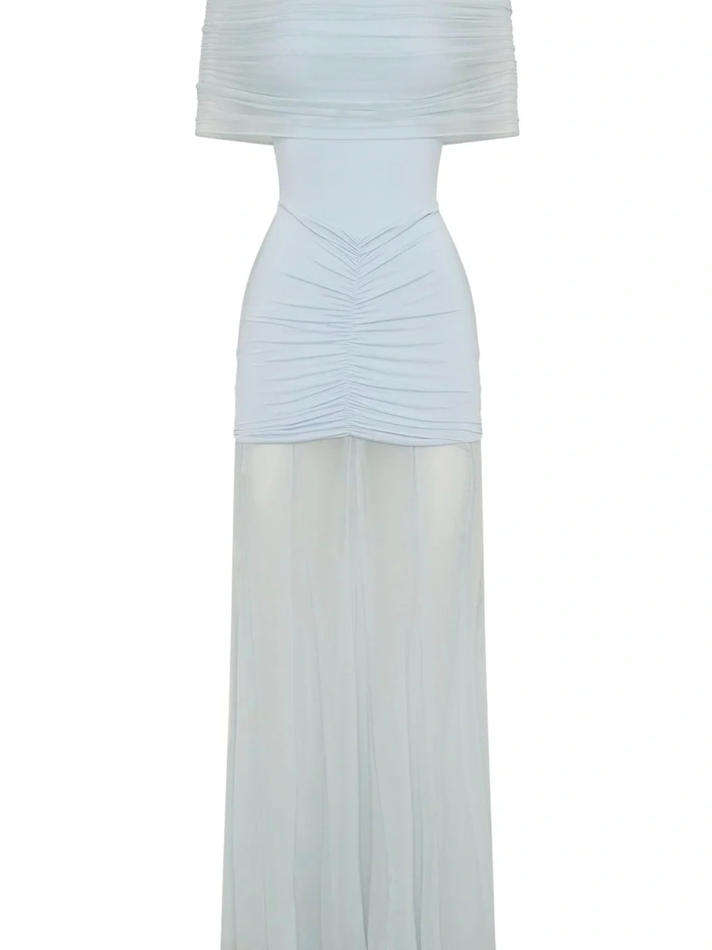 Meshki Off-Shoulder Pale Blue Ruched Mesh Gown - Picture 3 of 6